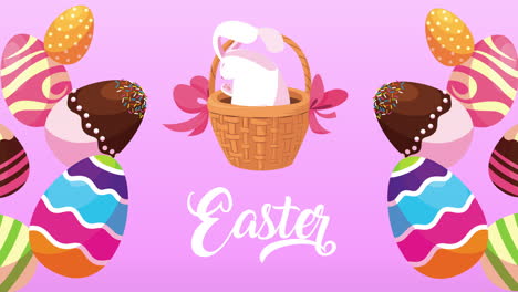 happy easter lettering with rabbit in basket and eggs painted