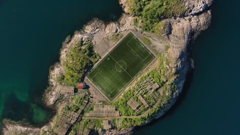 norway lofoten football field stadium in henningsvaer from above.