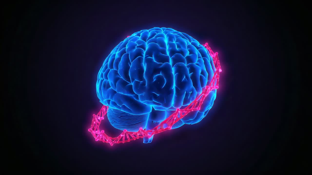 Starting animation showing electric-blue brain rotating for science, with pink DNA helix orbiting