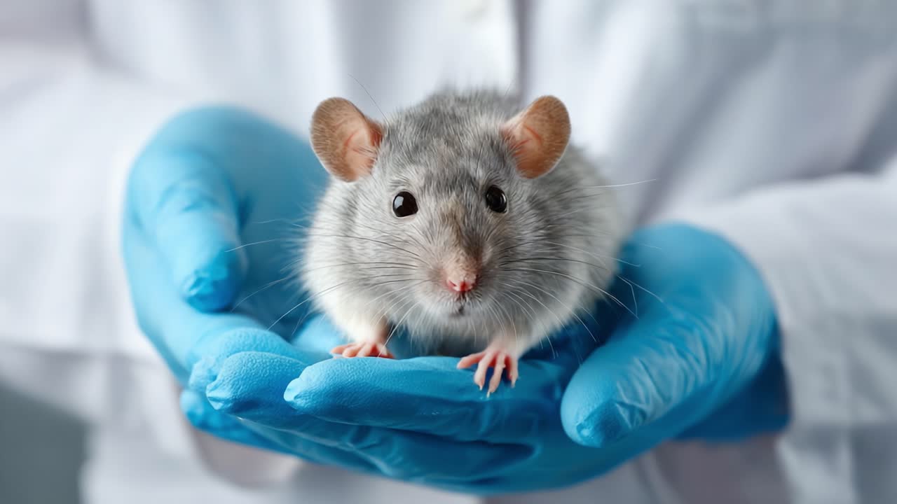 A Close-Up View of a Gray Laboratory Mouse Being Gently Held in Gloved Hands, Emphasizing the Importance of Ethical Treatment in Scientific Research