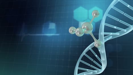 Animation-Von-3D-Mikromolekülen-Und-DNA-Strang-Auf-Blauem-Hintergrund