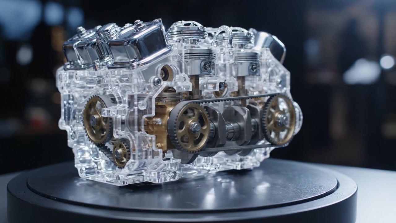A Detailed Look at a Transparent Engine Model Showcasing Intricate Mechanical Components and Clear Design in a Modern Display Setting
