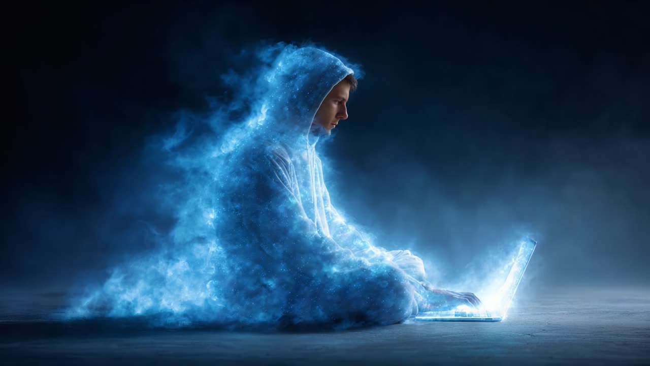 A Mystical Encounter with Technology: A Figure Surrounded by Ethereal Glow Engaged in Deep Focus on a Laptop, Blending Reality with Digital Dreams