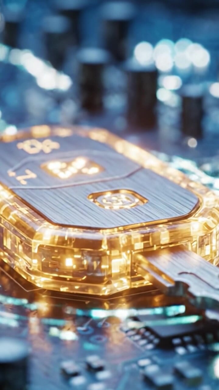 Esplorando il mondo della tecnologia di sicurezza avanzata: primo piano su una chiave digitale high-tech con circuiti intricati e componenti sullo sfondo.