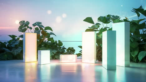 glowing abstract structures in a tropical sunset setting