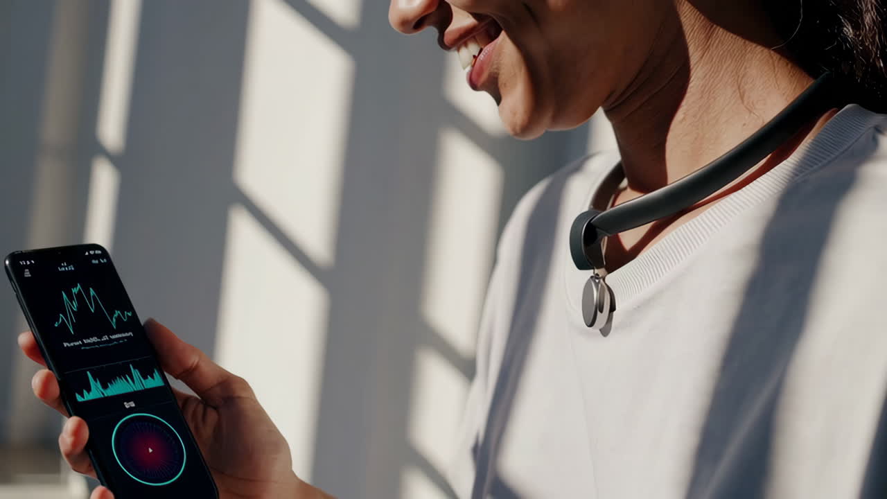 Woman using smartphone to monitor fitness data