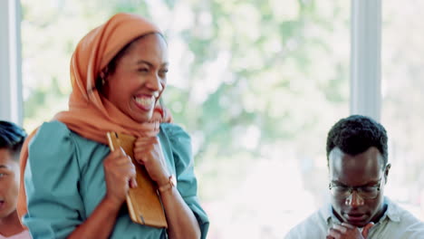 islamic woman, handshake and celebration