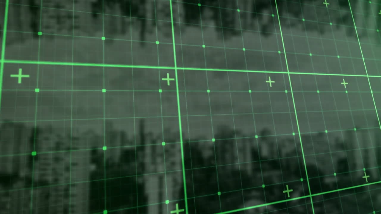 Animation of green grid overlaying landscape resembling digital targeting system