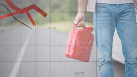 animation of financial data processing over man carrying fuel canister