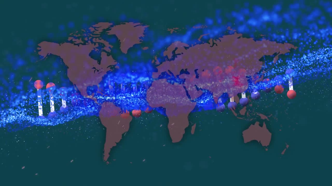 dna 구조가 회전하고 초록색 배경을 가진 세계 지도 위의 보라색 디지털 파동