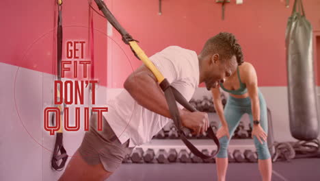 animation of get fit don''t quit text over diverse man and woman exercising in gym