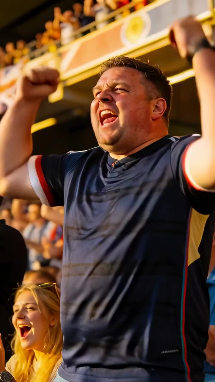 Vídeo vertical: Aficionado masculino gritando con camiseta azul marino, celebrando con los puños en alto después de un gol en un estadio, con la Union Jack.
