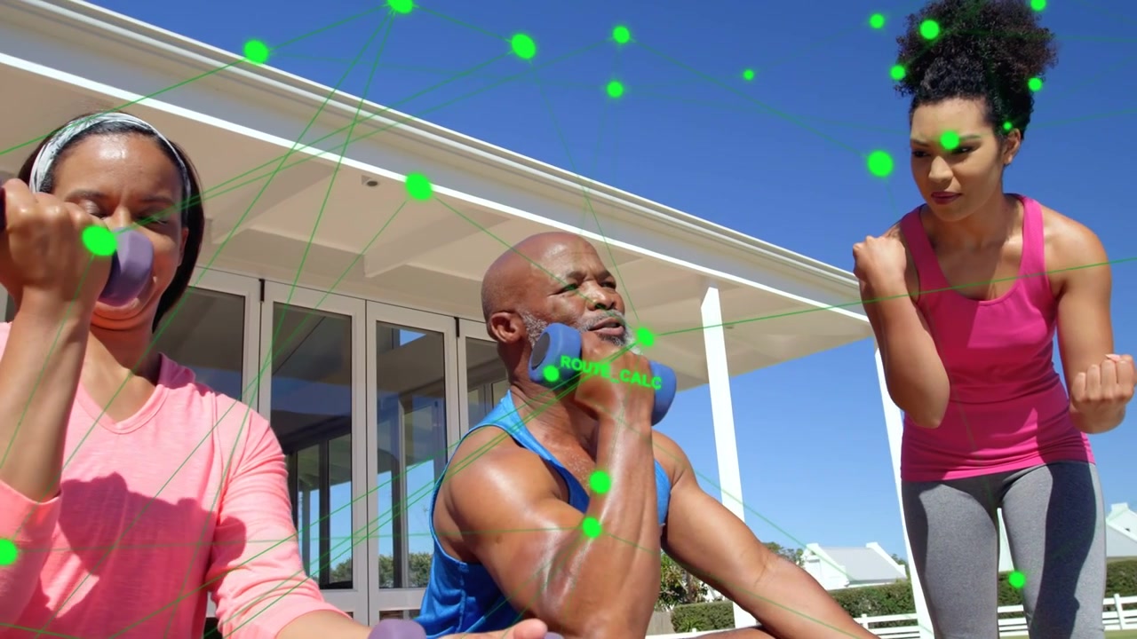 Fitness coach cueing duo doing curls with blue weights on patio, green overlay pulsing across group