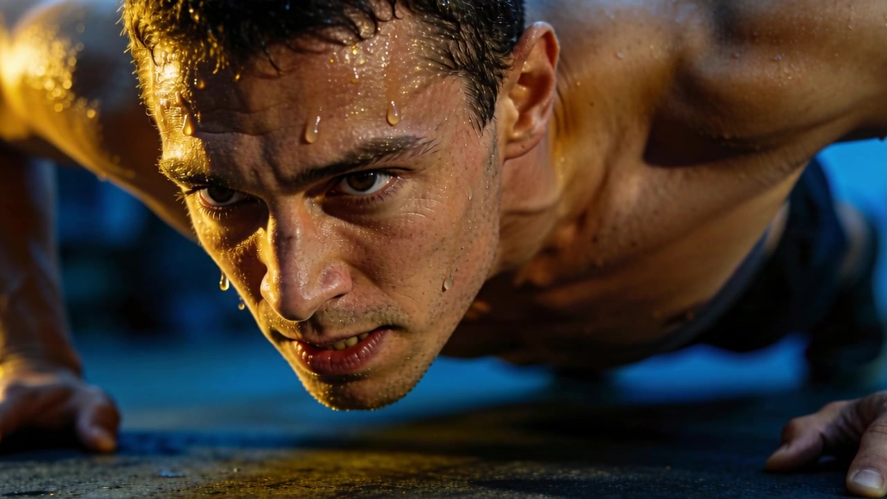 Uomo a torso nudo che inizia a fare cicli di flessioni sul pavimento della palestra con le mani appoggiate, sudando per l'allenamento.