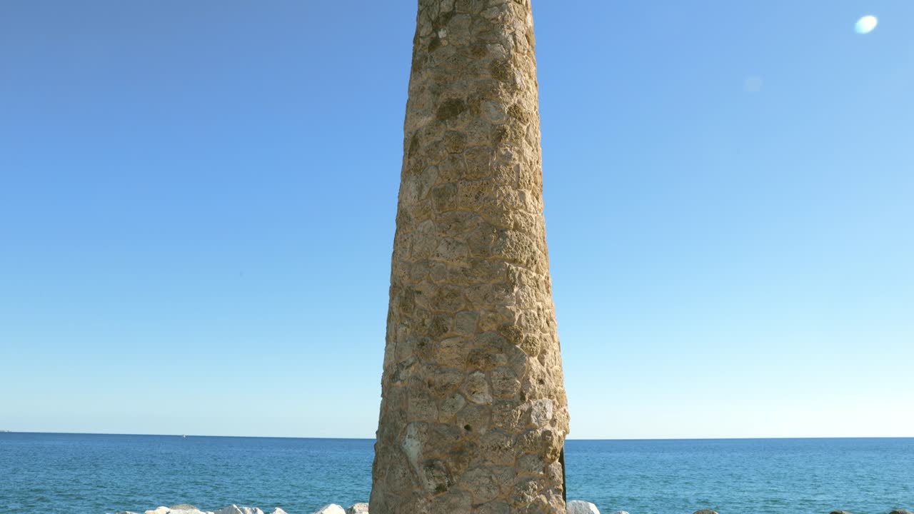Tilt up view of famous, distinctive, stone-clad lighthouse, locally known as Faro Puerto Banús, Costa del Sol, Marbella, Spain in a clear Mediterranean sunny sky