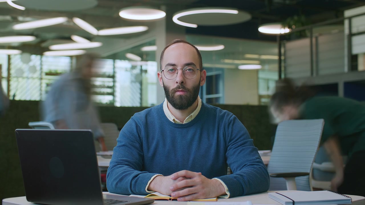 Timelapse Portrait of Serious Businessman Working at Desk in Office