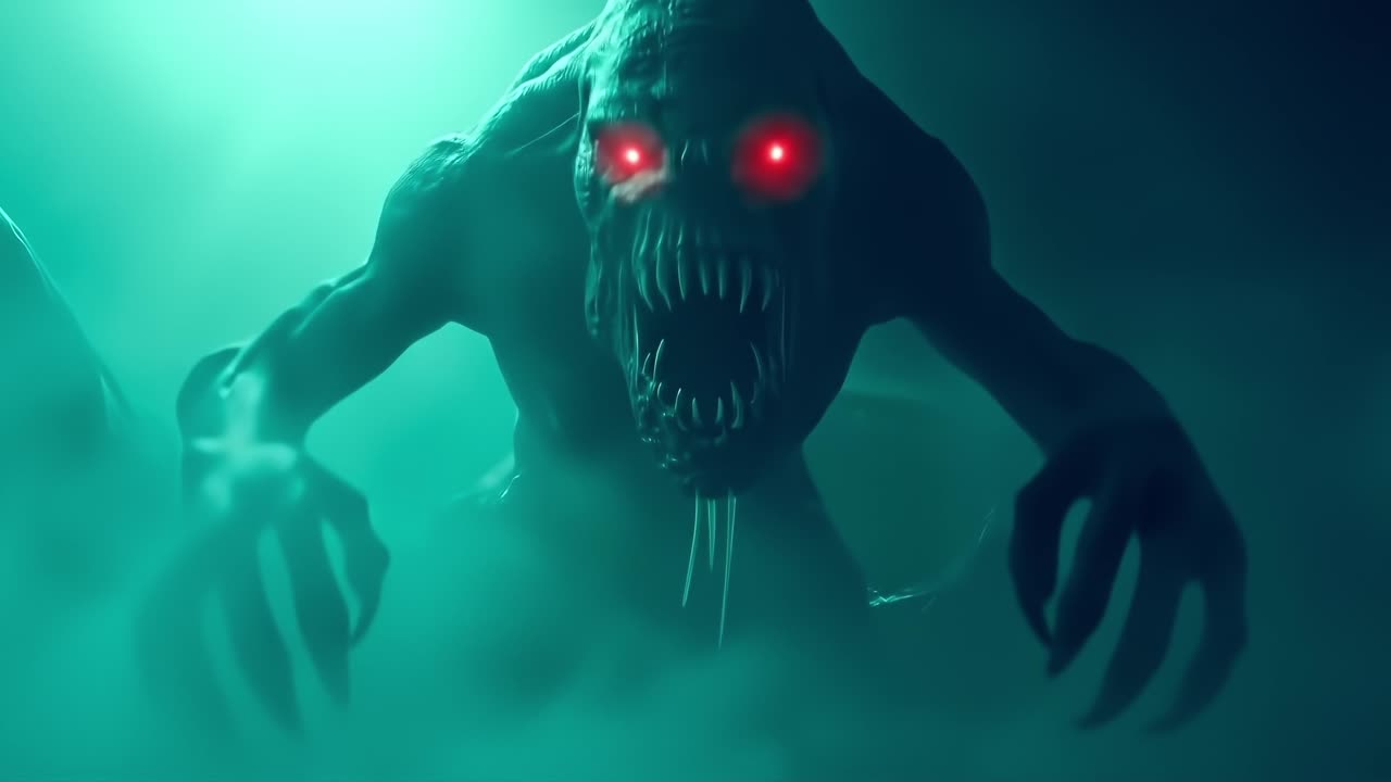 A creepy creature with red eyes in the dark