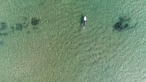 Vista-Aérea-De-La-Cabeza-Del-Surfista-Remando-En-Aguas-Claras-Pasando-Por-Encima-De-Las-Olas-Y-El-Oleaje