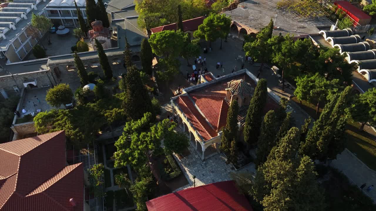 Moni Vlatadon in Thessaloniki, Greece, capturing a wedding event, aerial view