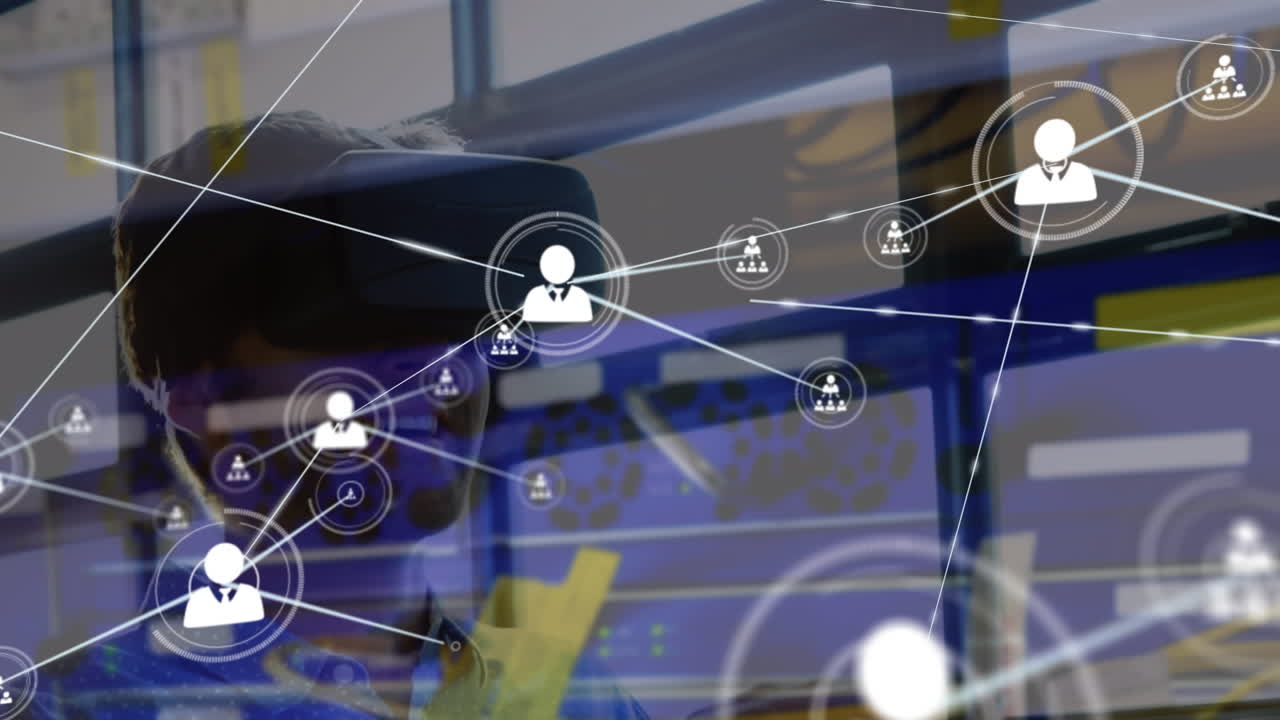 animaciones de la red de conexiones sobre hombres caucásicos usando auriculares vr