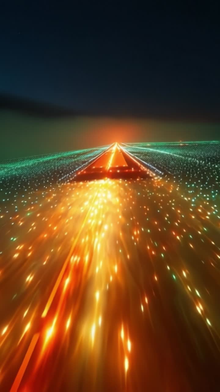 A mesmerizing nighttime view of a runway illuminated by colorful lights, showcasing the stunning contrast of bright oranges and greens against the dark sky
