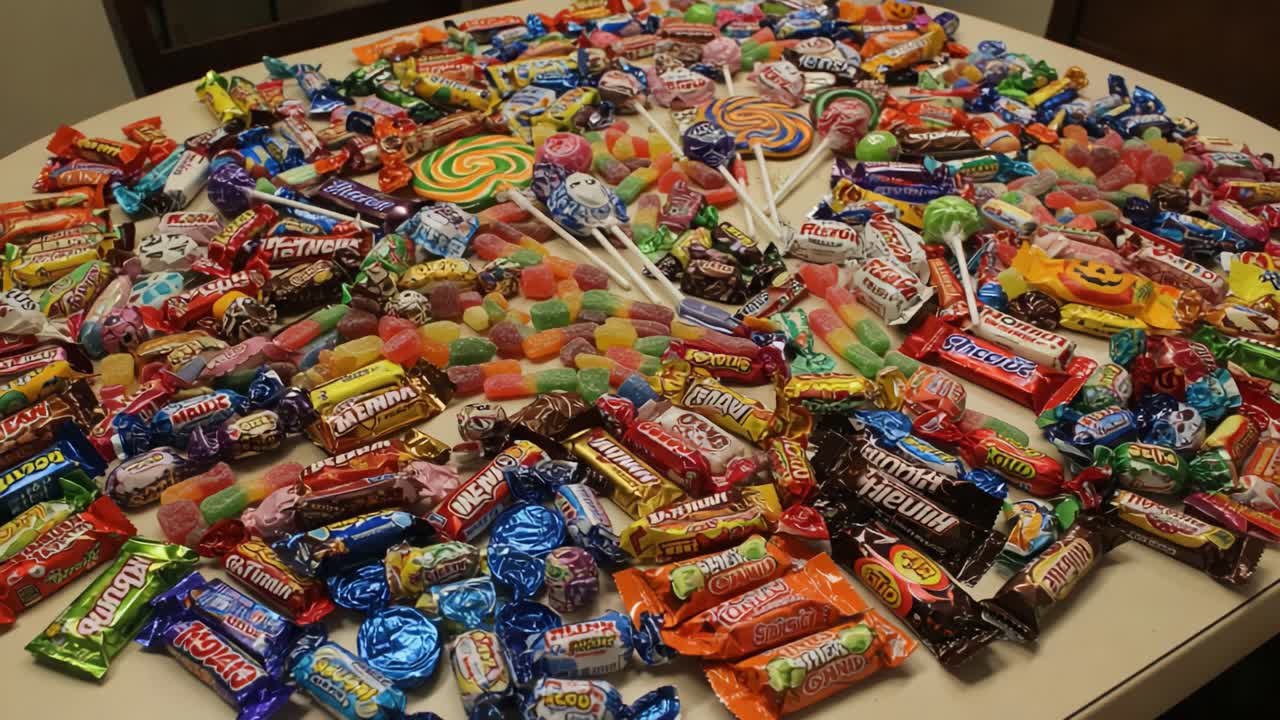 A Colorful Array of Candy and Treats: An Enthralling Display of Sweets Featuring Lollipops, Gummies, and Chocolate Bars that Tempt the Senses