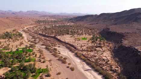 Filmische-Drohnenaufnahme-Der-Roten-Wüste-Mit-Wachsenden-Grünen-Feldern-Und-Bäumen-An-Sonnigen-Tagen-Und-Hellem-Himmel---Marokko,-Afrika