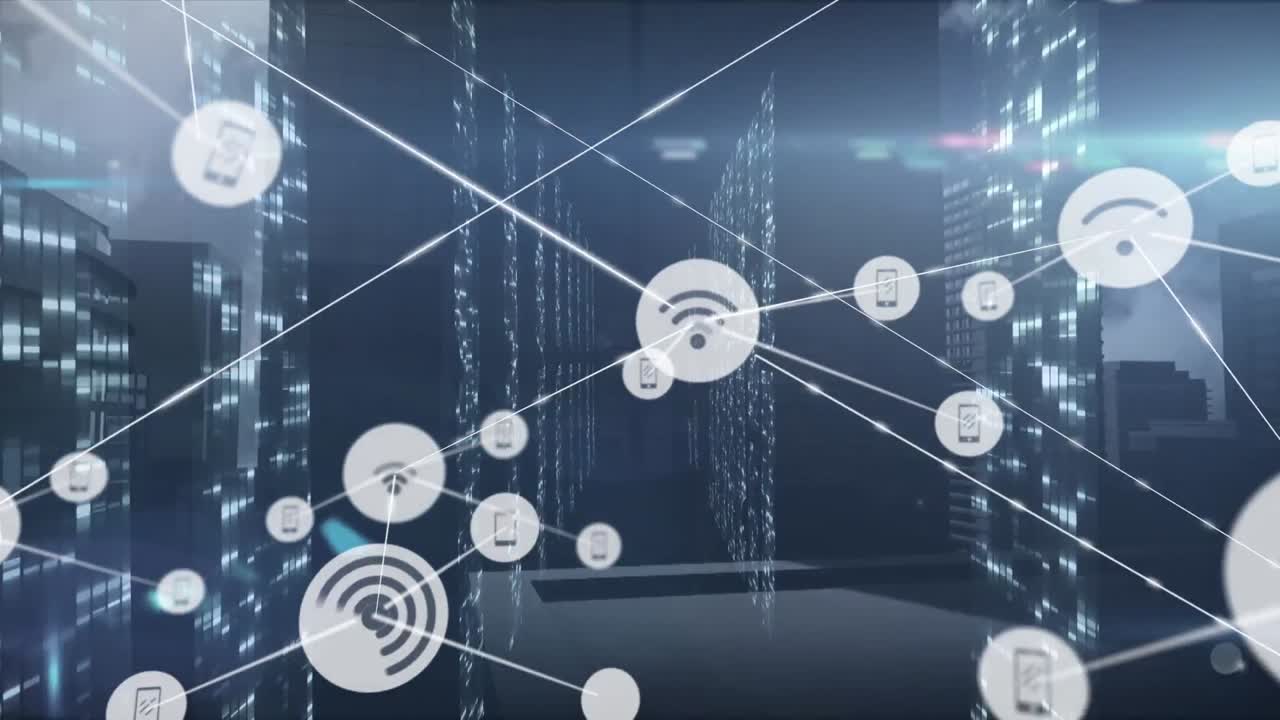 Animation of network of connections with icons over city