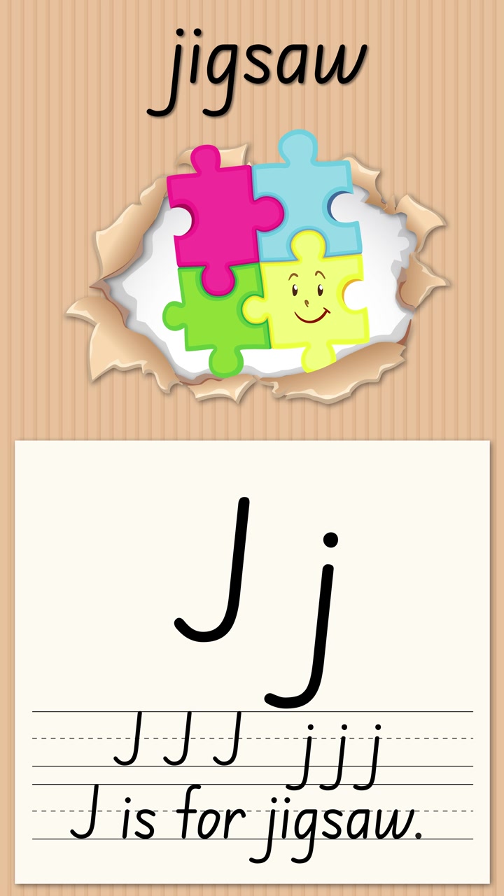 Video educativo animato che insegna la lettera J usando un puzzle e linee per la pratica della scrittura a mano