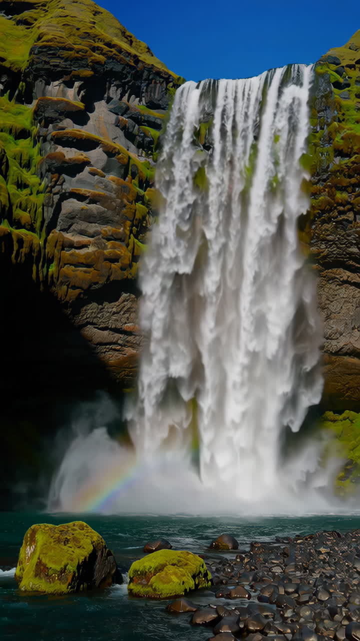 Cascata maestosa con arcobaleno e rocce muschiose