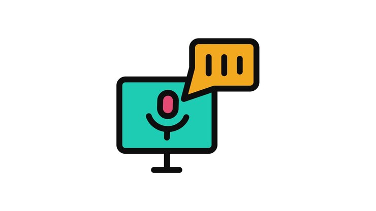 Animated Computer Monitor with Microphone and Speech Bubble Icon