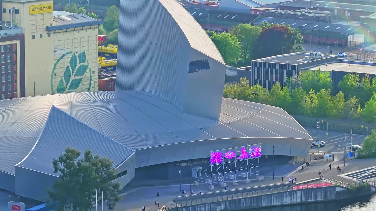 Aerial View Of Imperial War Museum In Media City UK District In Manchester, Modern Building Architecture
