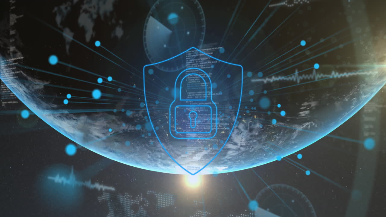 Image of data processing and padlock over globe