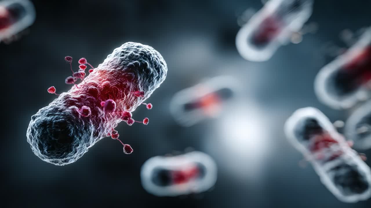 Vista microscopica di batteri con virus: un'esplorazione ravvicinata delle dinamiche dei patogeni in un ambiente con sfondo scuro.