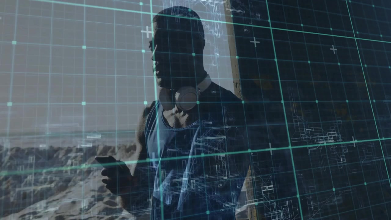 Man stepping through wooden doorway and using smartphone, AR grid overlay mapping rocky dunes