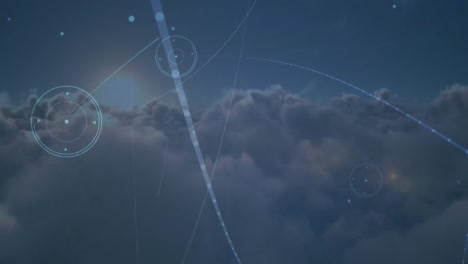animación de la red de conexiones con el registro de estadísticas sobre nubes en el fondo