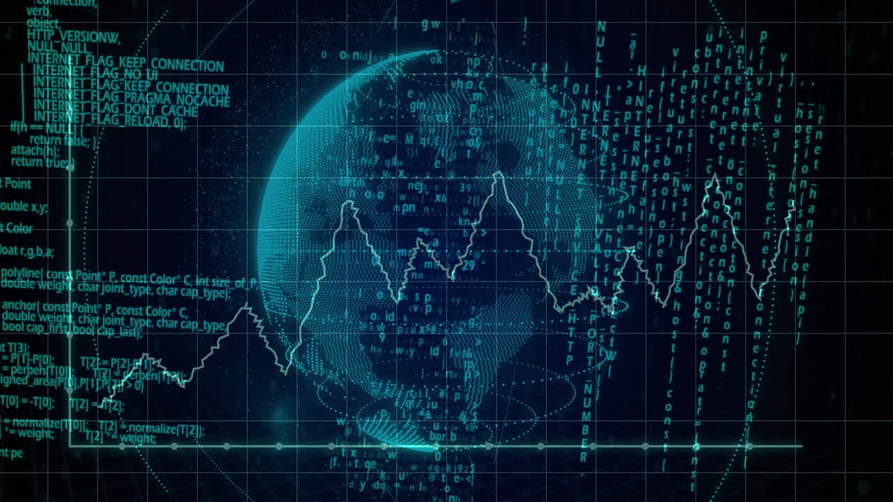 Semi-transparent data globe rotating on dark grid interface, showing streaming code and line graph