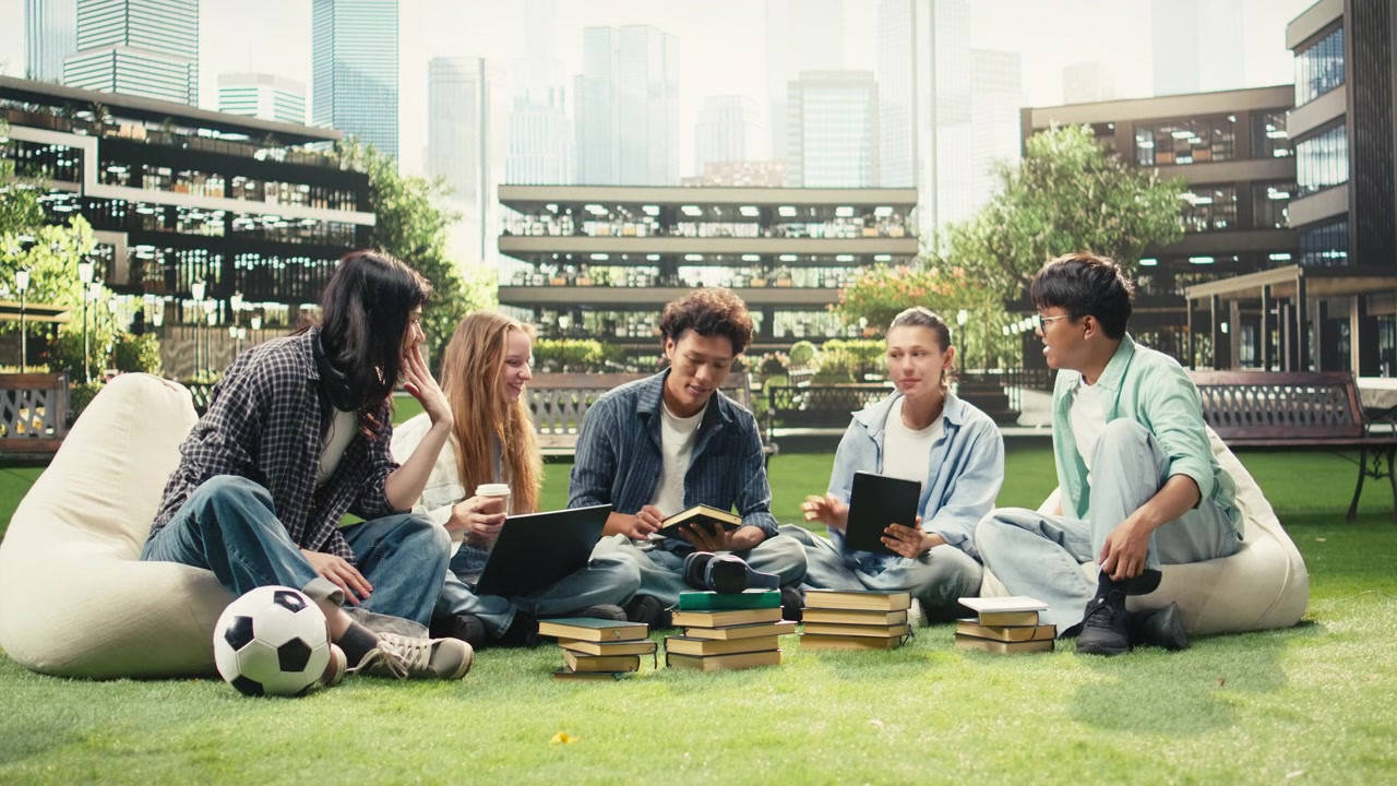 Woman student discussing project notes with diverse classmates near tablet
