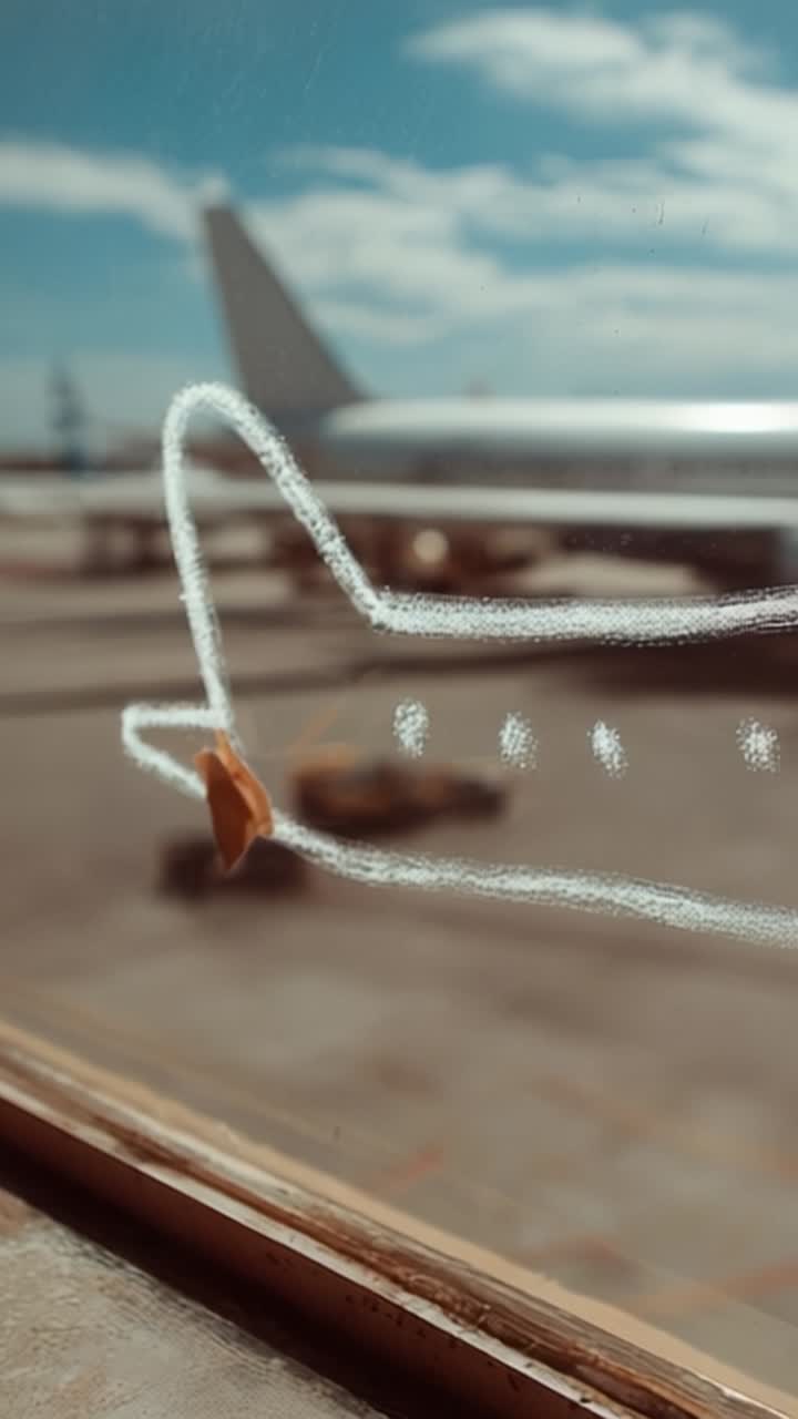 창문에 그려진 손으로 그린 비행기 스케치와 흐릿한 공항 배경이 어우러져 여행과 항공의 본질을 창의적으로 담아낸 모습