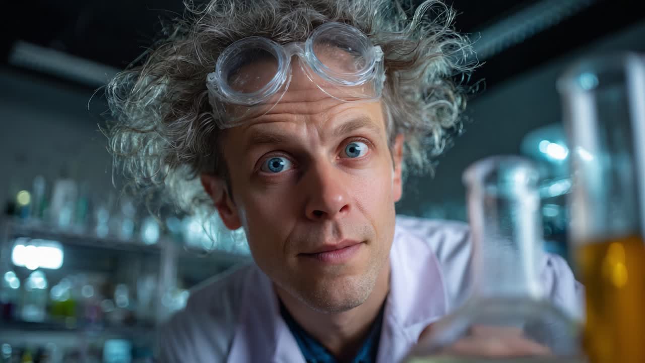 Curious Scientist Investigates Chemical Reactions in Laboratory with Enthusiastic Expression and Unique Hair, Engaging with Scientific Discoveries and Experimentation