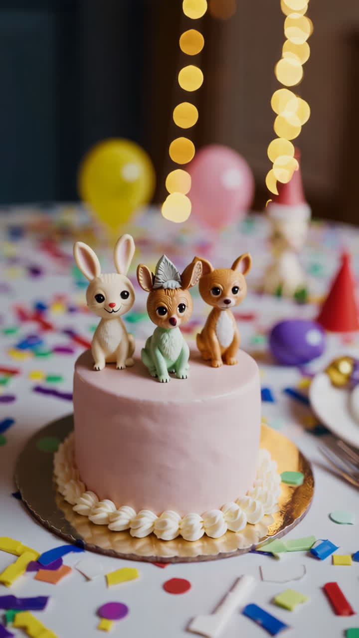 Cute Animal Figurines on a Pink Birthday Cake