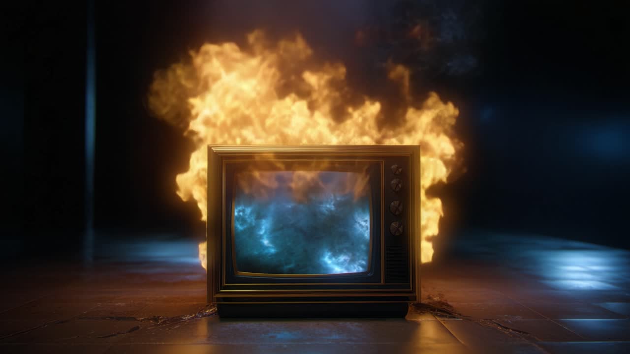 Et vintage fjernsyn omsluttet af flammer, der skaber en slående kontrast med den mørke baggrund og en gådefuld glød fra skærmens indre rum