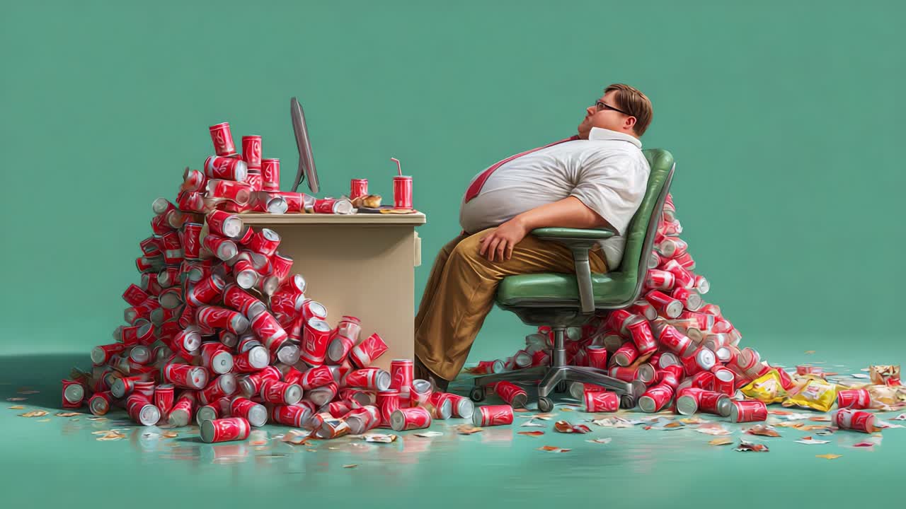 An Overwhelmed Office Worker Surrounded by a Mountain of Empty Soda Cans, Capturing the Challenges of Excessive Consumption and Poor Work-Life Balance in Modern Workspaces