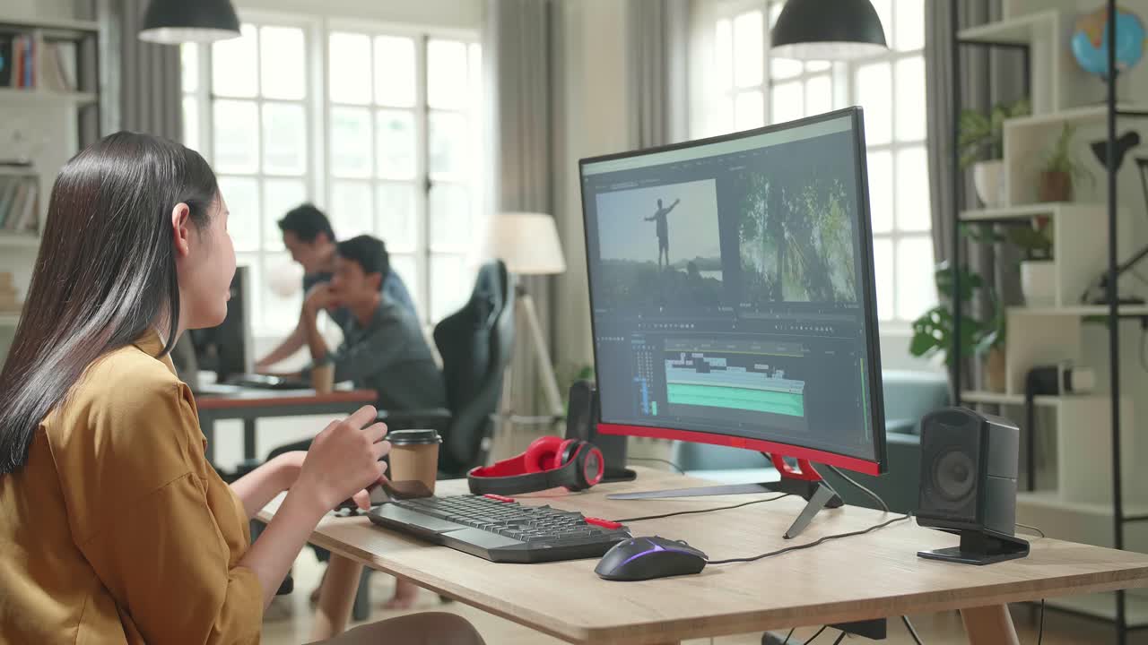 Asian Female Video Editor Works And Using Mobile Phone With Her Personal Computer In Office