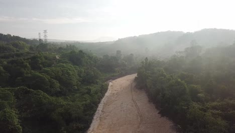 Deforestation-of-the-path-with-electric-tower-at-back.