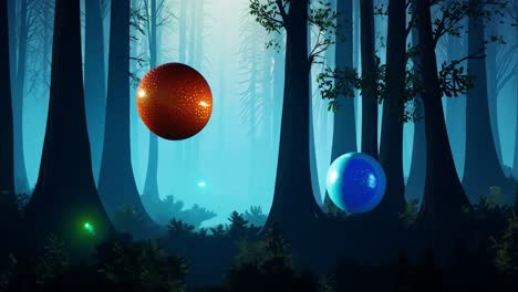 mystical spheres in a foggy forest