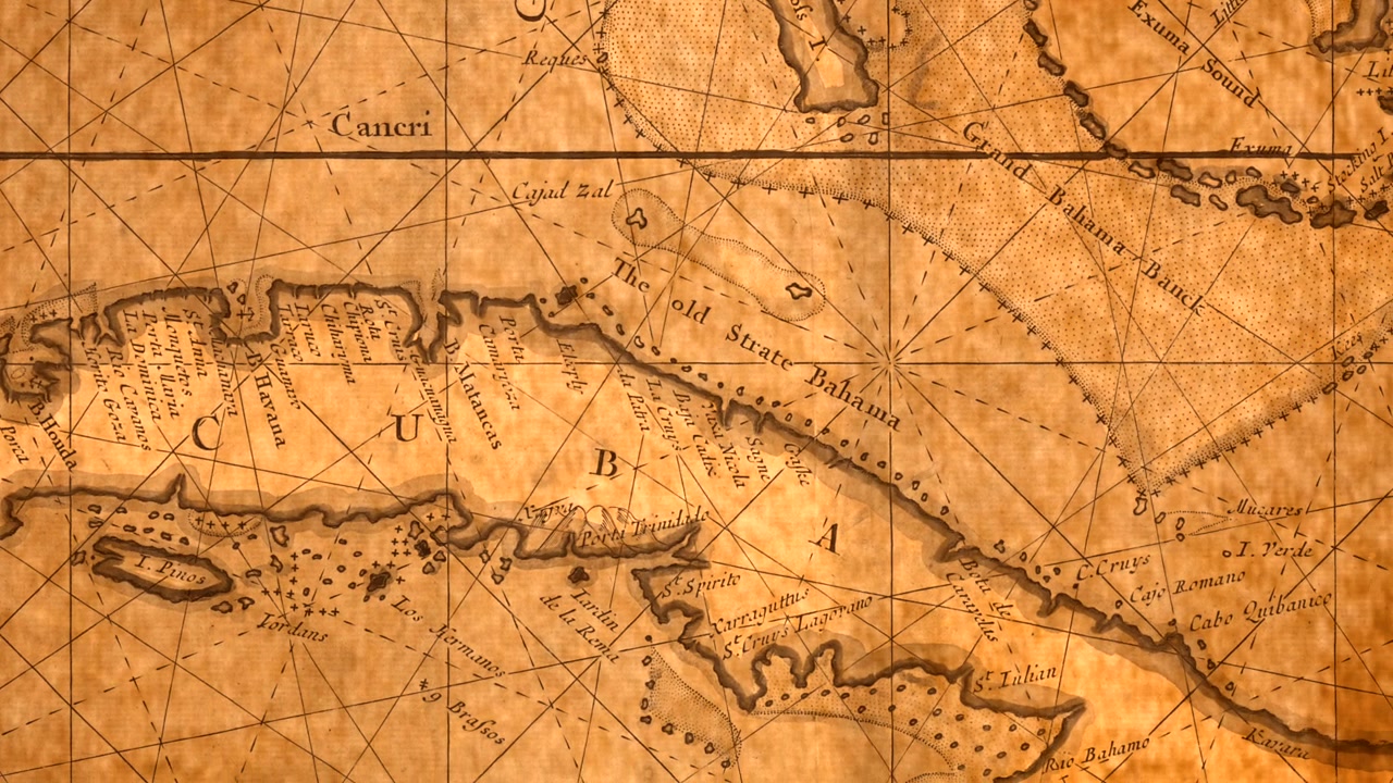 Zoom ud fra et vintagekort, der viser Cuba og Bahamas.