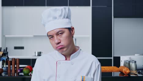 close up de un cocinero asiático con dolor de cabeza mientras está de pie en la cocina de casa