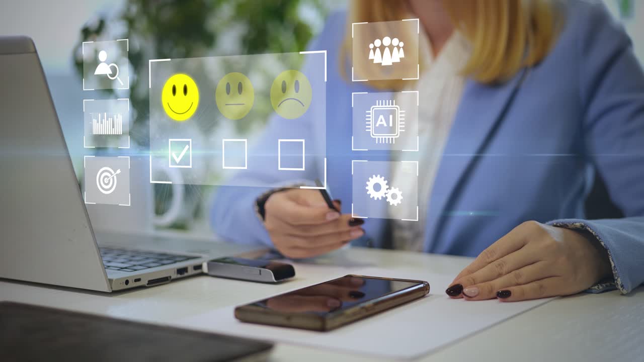 Woman in her office doing a employee engagement survey on her laptop and phone