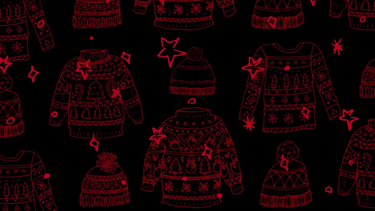 떨어지는 눈 위에 크리스마스 점퍼 패턴의 애니메이션